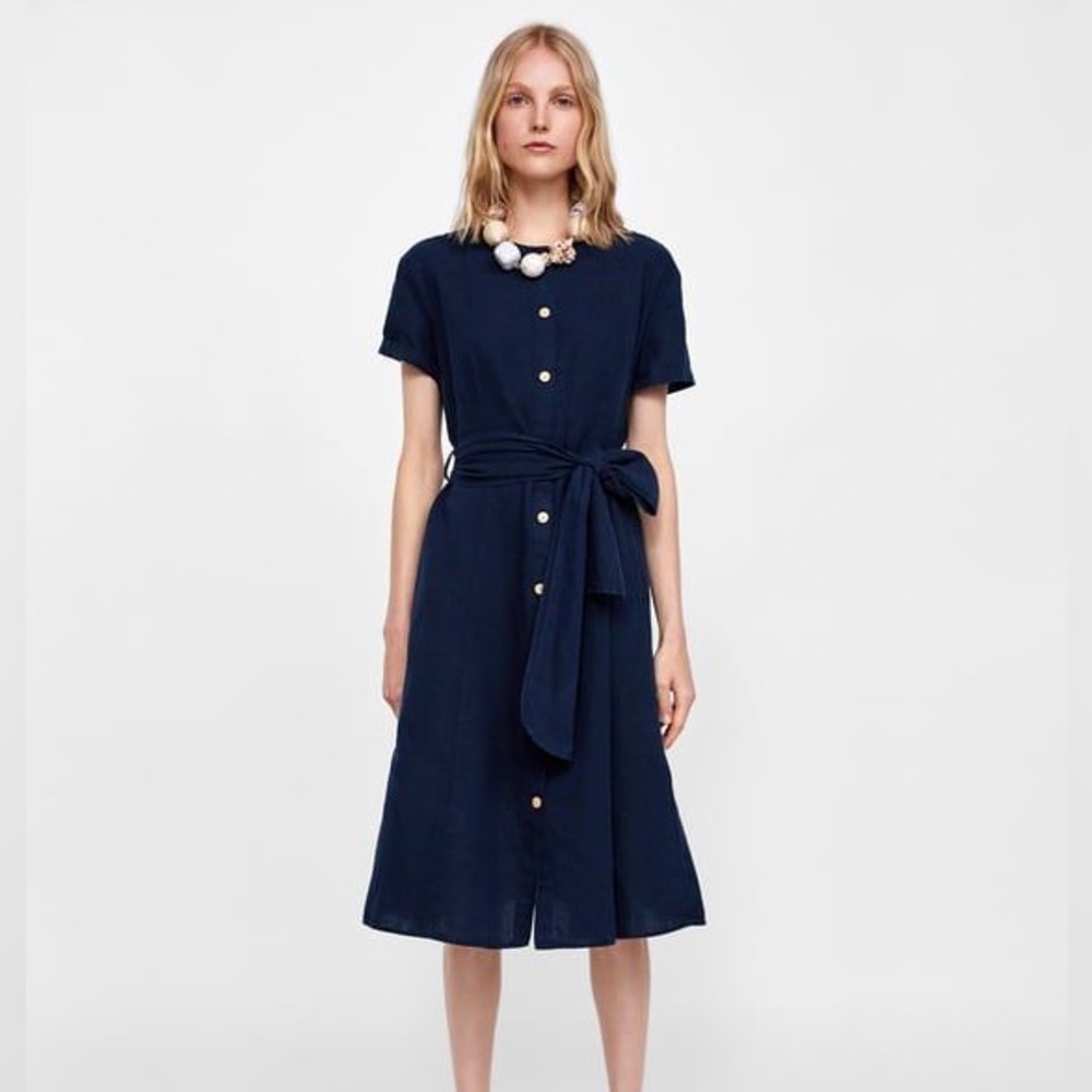 Zara Linen Cotton Blend Dress with Pockets in Navy Blue
